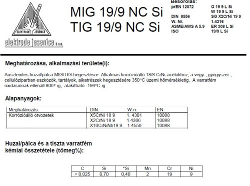 Hegesztő huzal MIG 19/9 NC SI 1.0/5kg